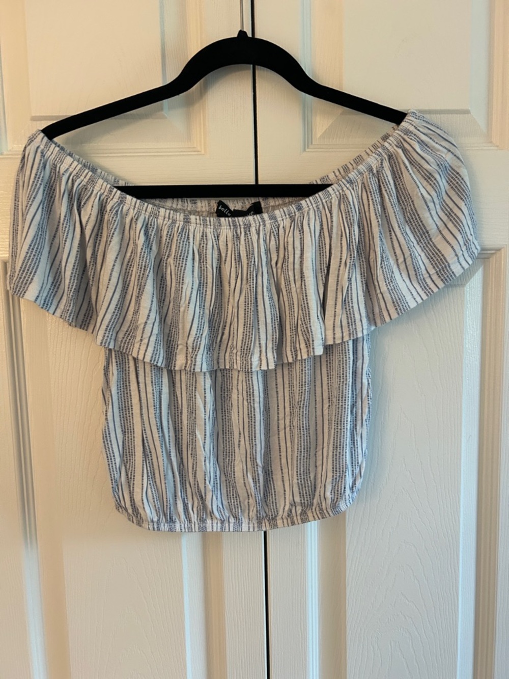 Striped Off-Shoulder Ruffle Crop Top in Blue and White
